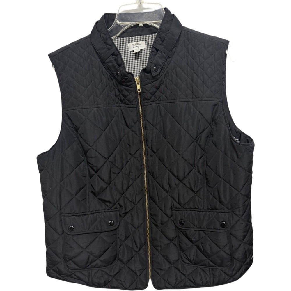 Crown & Ivy Black Quilted Light Weight Puffer Vest Size XXL Prep Equestrian